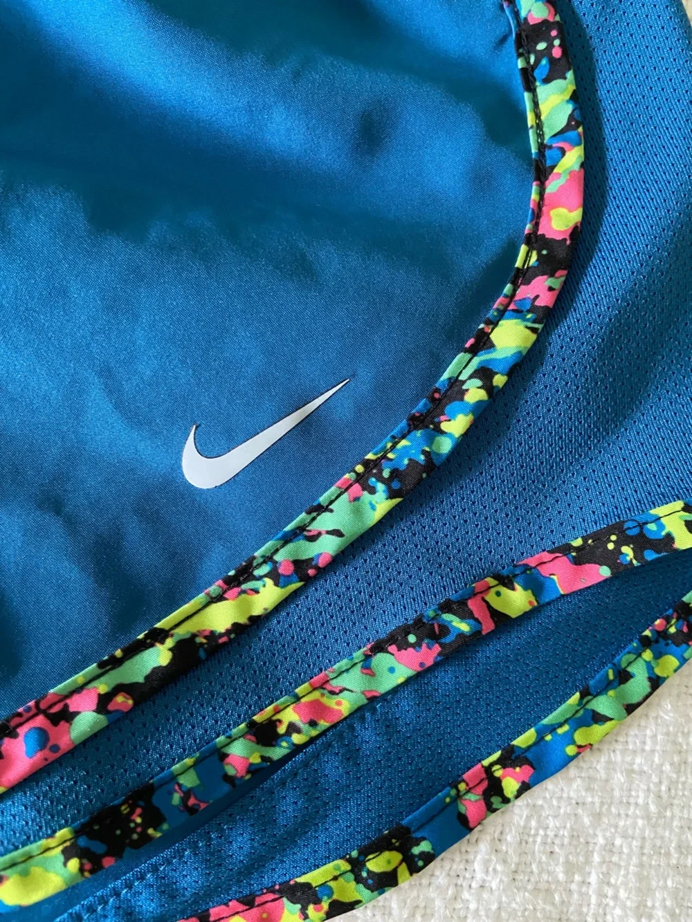 Nike Teal Blue Running Shorts with Multicolor Neon Party Trim Women’s Large